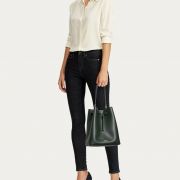 Lauren Ralph Lauren Dryden Debby Leather Drawstring Medium Bag Green/White B4HP