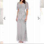 ADRIANNA PAPELL Women’s Beaded Flutter-sleeve Evening Gown Silver SIZE 6 B4HP