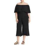 ELAN Off The Shoulder Ruffle Cover-up Jumpsuit In Black 2X B4HP