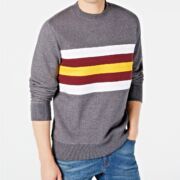 NEW DKNY GRAY STRIPE COLORBLOCK CREWNECK FLEECE LINED PULOVER SWEATER L B4HP