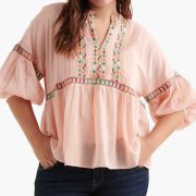 Lucky Brand Plus Size 1X Embroidered Peasant Top Bright Orange B4HP