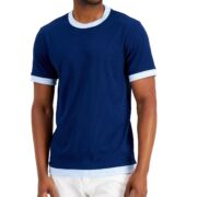 Alfani Ribbed Contrast Men’s L Blazing Navy Crew Neck T-Shirt Short Sleeve B4HP