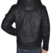 Men’s Vintage Leather Wool-Blend Hooded Bomber Jacket Black Size M B4HP
