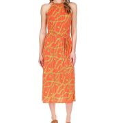 MICHAEL MICHAEL KORS Women’s Orange Unlined Chain Collar Tie Belt Midi Dress Med