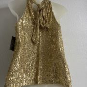 VINCE CAMUTO Women’s Mock Neck Sleeveless Sequin Top XS Gold B4HP