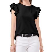 Vince Camuto Women’s Tiered Ruffled-Sleeve Crew neck T-Shirt, Black B4HP