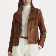 Women $495 Lauren Ralph Lauren Tumbled-Leather Jacket Dark Walnut 4 B4HP