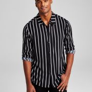 And Now This Mens Striped Long-Sleeve Resort Shirt Black M B4HP