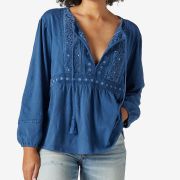 Lucky Brand Embellished Textured Peasant Blouse Blue Size XL B4HP
