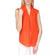 MICHAEL MICHAEL KORS Women’s Pinstripe Crepe Pleated Top V Neck Orange B4HP