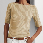 LAUREN RALPH LAUREN Women’s Striped Stretch Cotton T-Shirt L Natural Cream B4HP