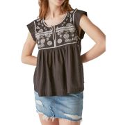 Lucky Brand Women’s Embroidered Bib Cotton Top Charcoal 2XL B4HP