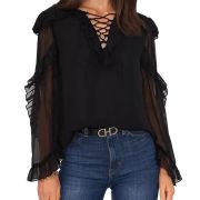 Vince Camuto Womens Ruffled Lace-Up Shirt Blouse Top Black XS B4HP