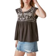 Lucky Brand Women’s Embroidered Bib Cotton Top Charcoal 2XL B4HP