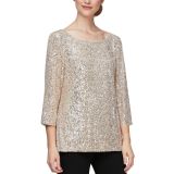 Alex Evenings Women's 3/4-Sleeve Sequin Tunic Blouse With Side Slit Taupe B4HP