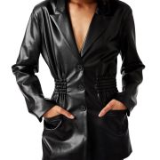 STEVE MADDEN Faux-Leather Frida Smocked Waist Jacket Black B4HP