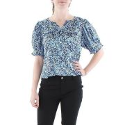 Aqua Women’s Floral Split Neck Blouse Pullover Blue Top Shirt B4HP