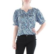 Aqua Women’s Floral Split Neck Blouse Pullover Blue Top Shirt B4HP