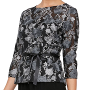 ALEX EVENINGS Printed 3/4 Sleeve Embroidered Tie-Waist Top Large Missing Belt