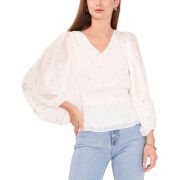 Vince Camuto Women’s Foiled Smocked-Hem Puff-Sleeve Blouse XS B4HP