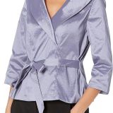 Alex Evenings Shawl V-Neck Collar 3/4 Sleeve Tie Waist Blouse Lavender B4HP