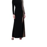 BCBGMAXAZRIA Women's Asymmetric Long Sleeve Jersey & Mesh Inset Gown Black B4HP