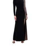 BCBGMAXAZRIA Women’s Asymmetric Long Sleeve Jersey & Mesh Inset Gown Black B4HP