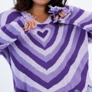 Just Polly Women’s Trendy Plus Size Heart Destructed Sweater Purple 3X B4HP