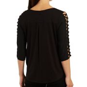 BCX Women’s Juniors’ Surplice V-Neck Latticed 3/4-Sleeve Top Black B4HP