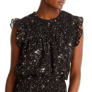 AQUA Women’s Metallic Star Smocked Flutter Sleeve Top Black Gold B4HP