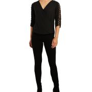 BCX Women’s Juniors’ Surplice V-Neck Latticed 3/4-Sleeve Top Black B4HP