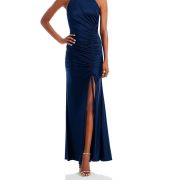 Aqua Women’s Sateen Ruched Long Halter Dress Blue B4HP