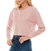 Crave Fame Women’s Juniors’ Textured Henley Top Pink M B4HP