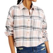 Just Polly Women’s Juniors’ Cropped Plaid Button-Up Flannel Top Beige XS B4HP