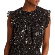 AQUA Women’s Metallic Star Smocked Flutter Sleeve Top Black Gold B4HP