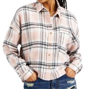 Just Polly Women’s Juniors’ Cropped Plaid Button-Up Flannel Top Beige XS B4HP