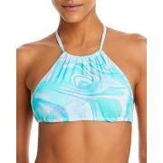 Aqua Women’s Swirl Print High Neck Halter Bikini Top Turquoise Multi M B4HP $58