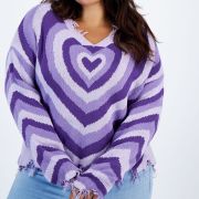 Just Polly Women’s Trendy Plus Size Heart Destructed Sweater Purple 3X B4HP