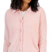 Hooked Up By IOT Women’s Eyelash Collared Button-Front Sweater Pink S B4HP