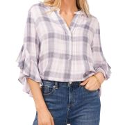 Vince Camuto Women’s Plaid Print Ruffle Sleeve Henley Top Purple S B4HP $79