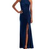 Aqua Women's Sateen Ruched Long Halter Dress Blue B4HP