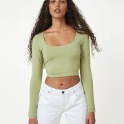 Cotton On Women’s Sculpted Scoop Neck Long Sleeve Top Green M B4HP