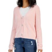 Hooked Up By IOT Women’s Eyelash Collared Button-Front Sweater Pink S B4HP