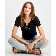 Hippie Rose Women’s Juniors’ Embroidered-Trim Notched Top Black L B4HP
