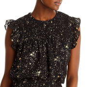 AQUA Women’s Metallic Star Smocked Flutter Sleeve Top Black Gold B4HP