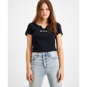 Hippie Rose Women’s Juniors’ Embroidered-Trim Notched Top Black L B4HP