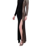 BCBGMAXAZRIA Women’s Asymmetric Long Sleeve Jersey & Mesh Inset Gown Black B4HP