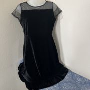 Women Black Velvet Illusion Neckline Flounce Hem Dress Black S