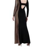 BCBGMAXAZRIA Women’s Asymmetric Long Sleeve Jersey & Mesh Inset Gown Black B4HP