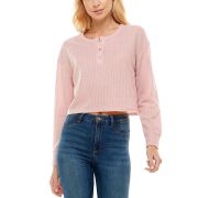 Crave Fame Women’s Juniors’ Textured Henley Top Pink M B4HP